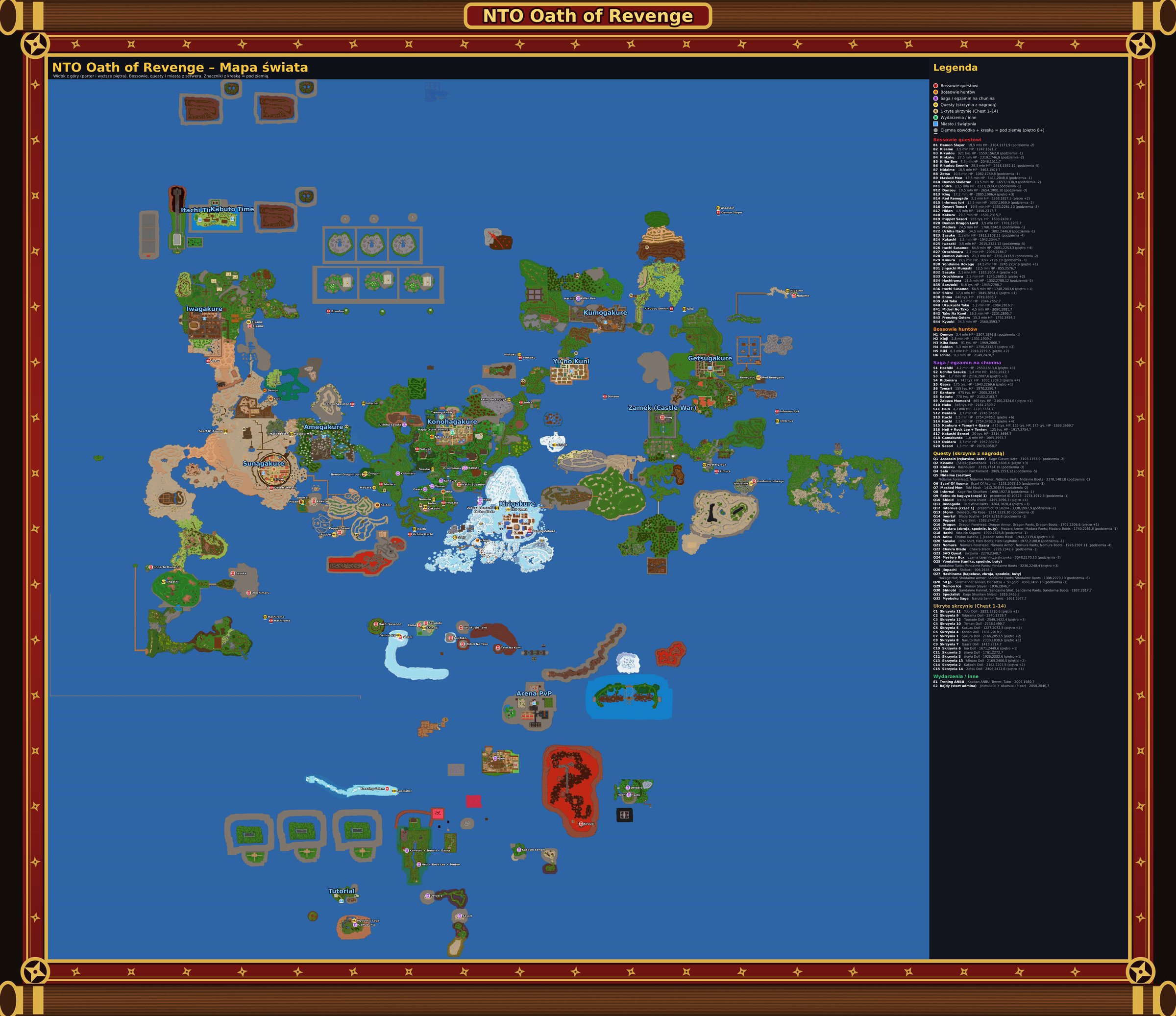Mapa świata NTO Oath of Revenge z bossami, questami i miastami